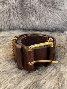 Streets Ahead Dark Brown Leather Belt with Gold-Tone Hardware Size M